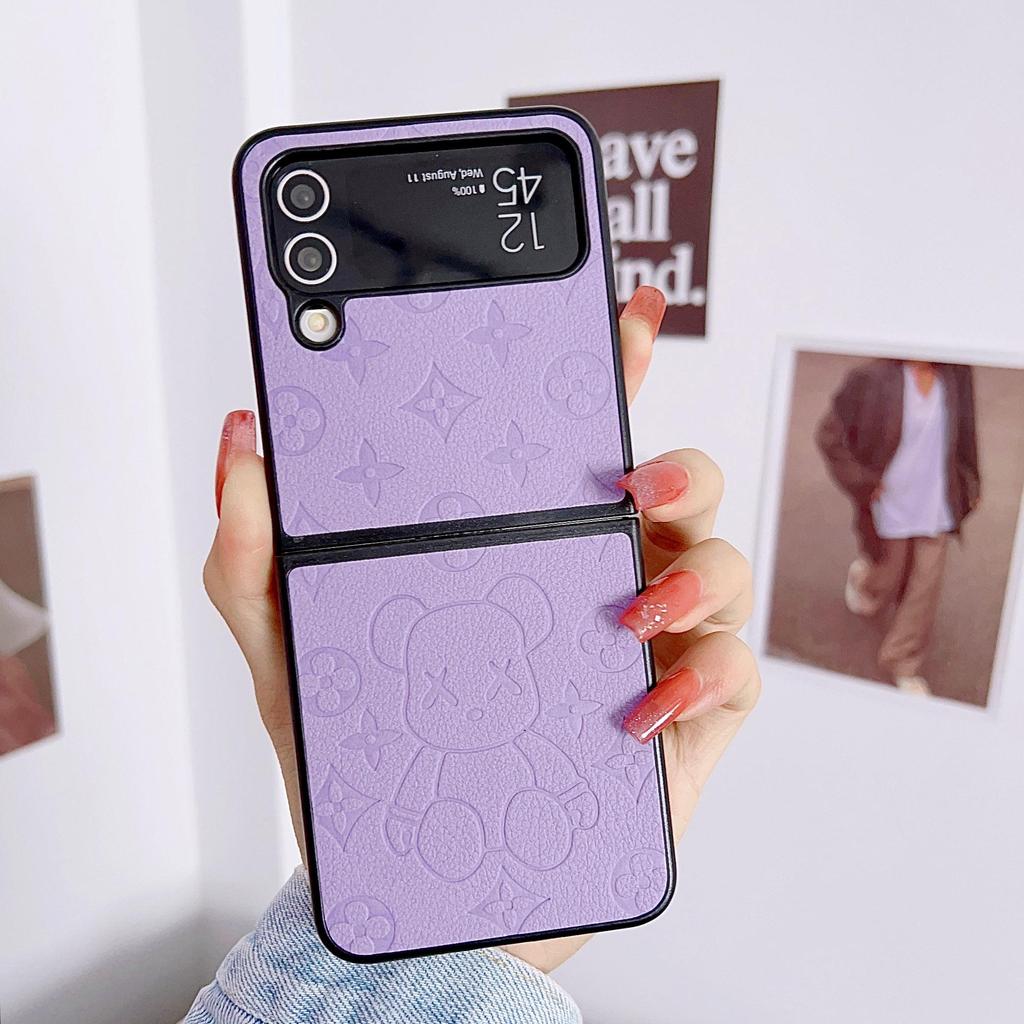 ZFlip4 Niedlicher Bär mit geprägtem Muster, harte PC-Hülle für Samsung Z Flip 3, Z Flip 4, Funda, PU-Leder, Handyhülle, Z Flip4, Z Flip3, ZFlip3, vollständiger Schutz