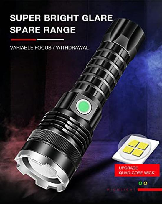 Powerful 5000 Lumens XHP70 LED USB Waterproof and Zoomable Torch Light for Outdoor Emergency Use Flashlight, Rechargeable, Camping,