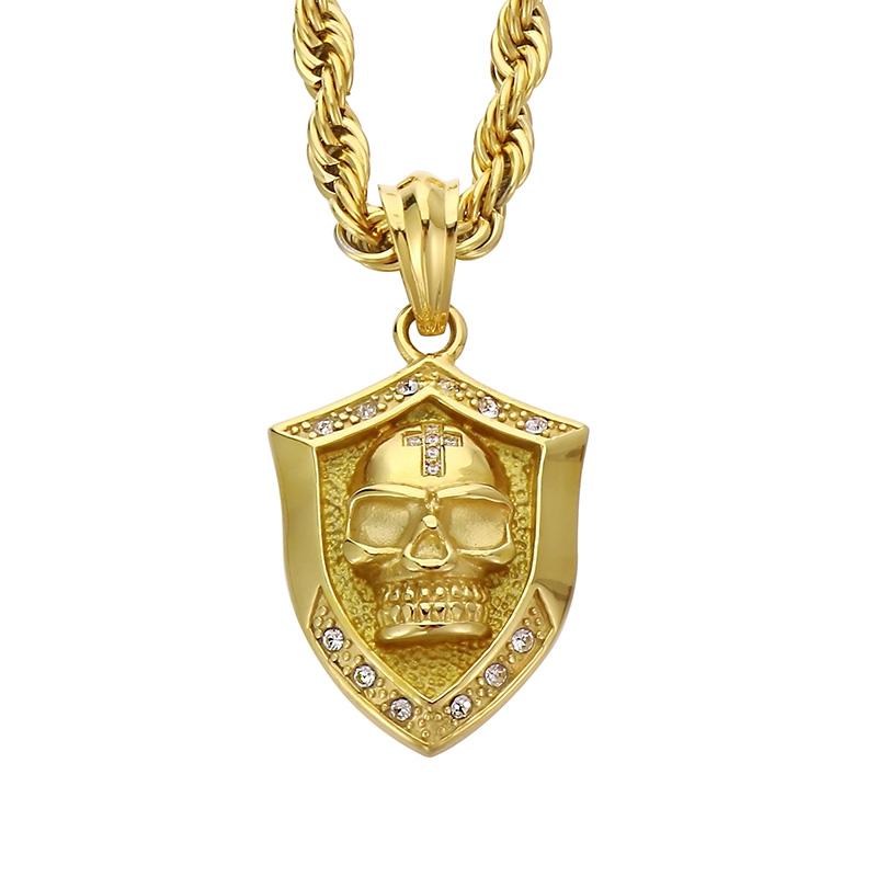 Hip Hop Skull Crystal Stone Shield Necklace for Men High Quality Stainless Steel Gold Color Charm Pendant Trendy Jewelry Gift