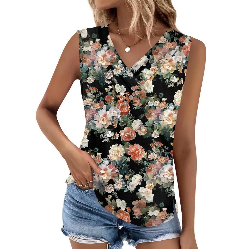 Women's Print Tank Top Button-down V-neck T-shirt Sleeveless Loose Fashion Top
