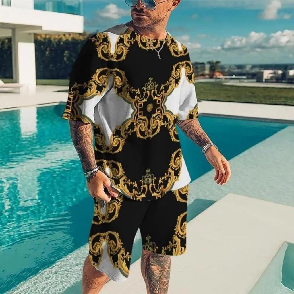 2025 Summer New Men's Luxury Gold Pattern Sportswear 3D Printed Short Sleeve T-shirt Set Fashionable Casual Men's T-shirt