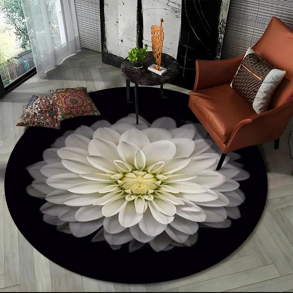 3D Luxusný koberec Flower Rose Daisy Nordic Okrúhly koberec do obývačky Spálňa Dekor stoličky do detskej herne, Protišmyková podložka pre domáce zvieratá