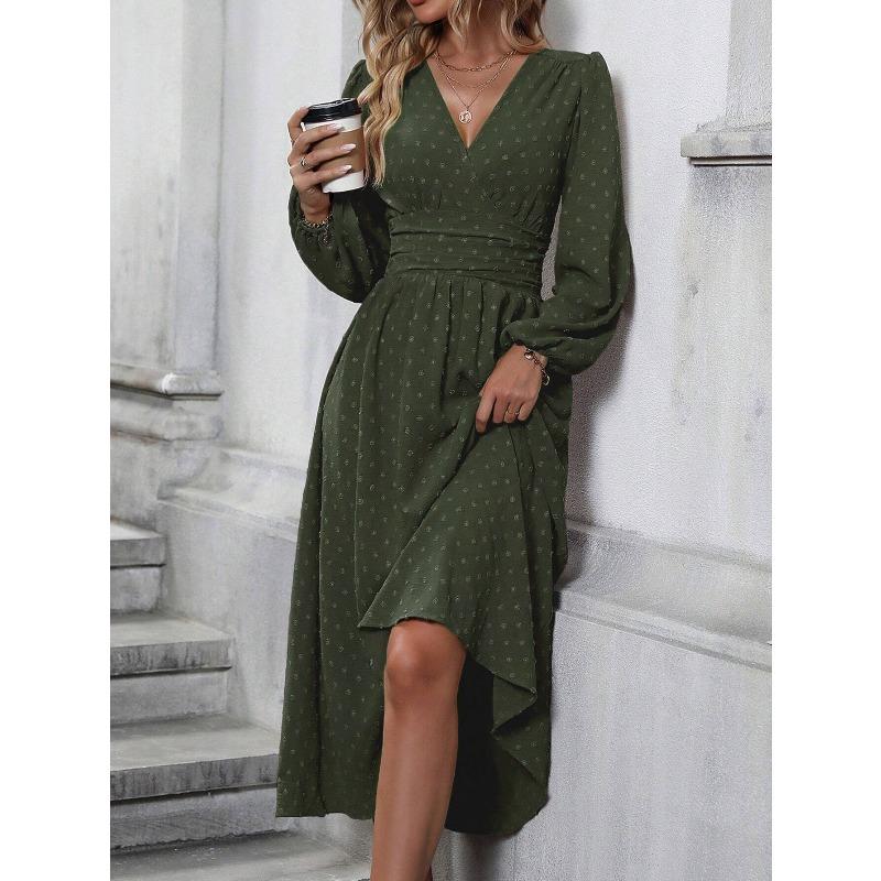 JPNTKY Fashion Spring Autumn Solid Color Print Long Sleeve V-Neck Casual Dresses
