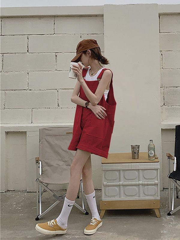 Dámské khaki bavlněné zeštíhlující volné overaly s velkými kapsami - Letní široké šortky na ramínka