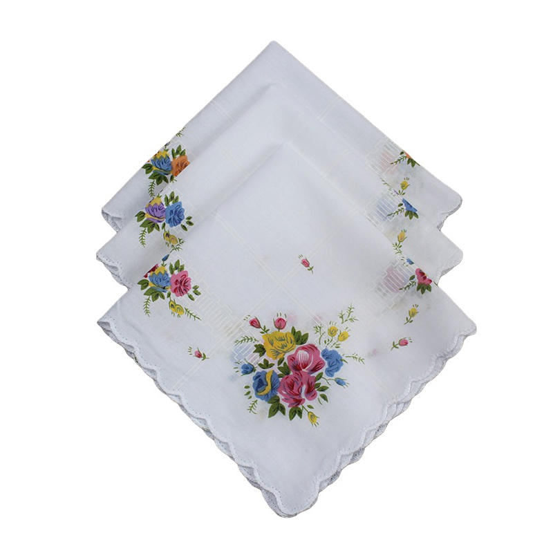 3pcs Small Floral Women's Handkerchiefs Crescent Edge Girl Printed Cotton White Background Refreshing Ladies Handkerchiefs