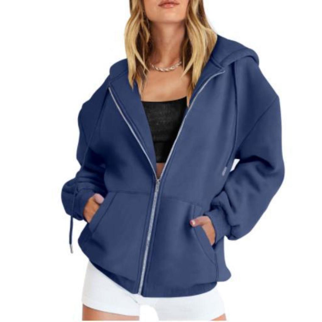 Women's Zip Up Hooded Sweatshirt Jacket Loose Fit Casual Solid Color Long Sleeve Outerwear