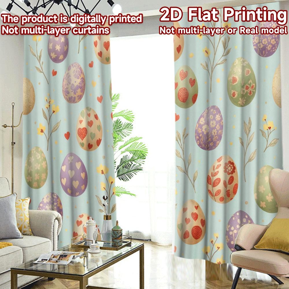 2D Flat Printing  2pcs Summer Drapes Easter Bunny with Colorful Eggs(0) Versatile Fabric  Without Electricity Festive Curtains