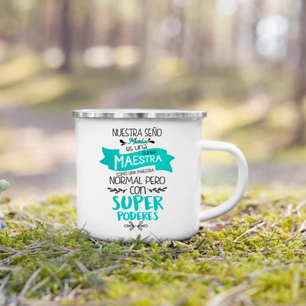 Spanische Print Tasse Kaffee Tee Tassen Getränke Wasserbecher Lehrerleben Emaille Tassen Schule Zuhause Griff Trinkgeschirr Beste Geschenke für Lehrer