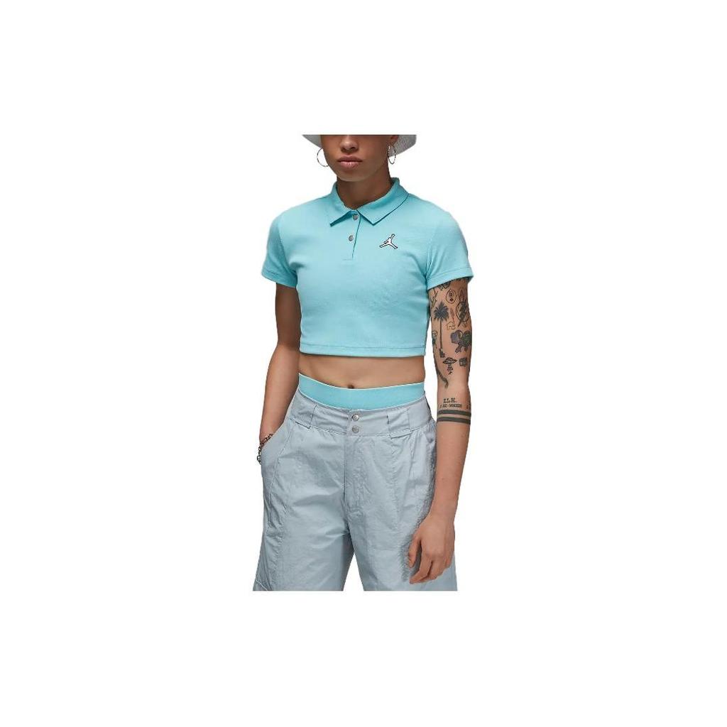 Jordan Solid Color Brand Logo Ribbed Collar Short Sleeve T-Shirt Women Tops Light-Blue DZ3333-464