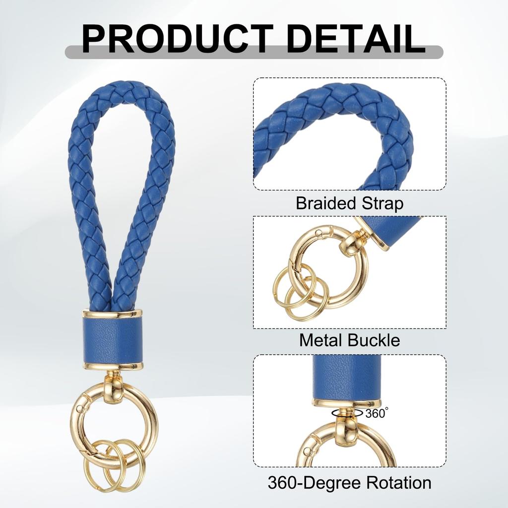 [uxcell] Set of 2 Braided Leather Keychains with Woven Straps, 360 Degree Rotatable, for Car Keys, Bags, and Wallets, GoldDark Blue
