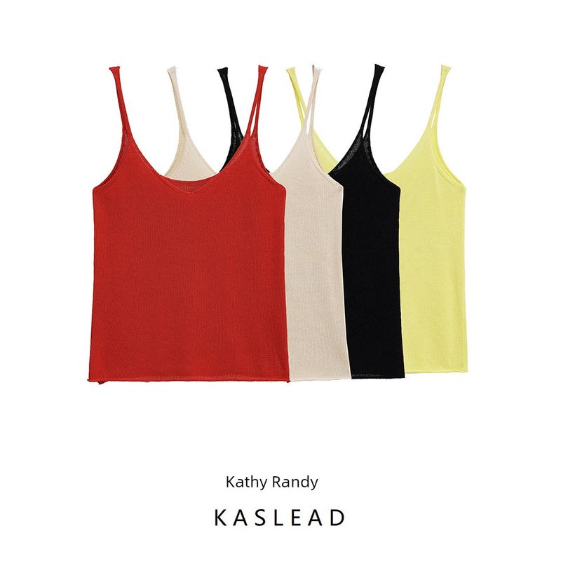 Kaslead New Women Clothes Western Style Sling V-neck Sleeveless Simple Knitted Top 5536045 600