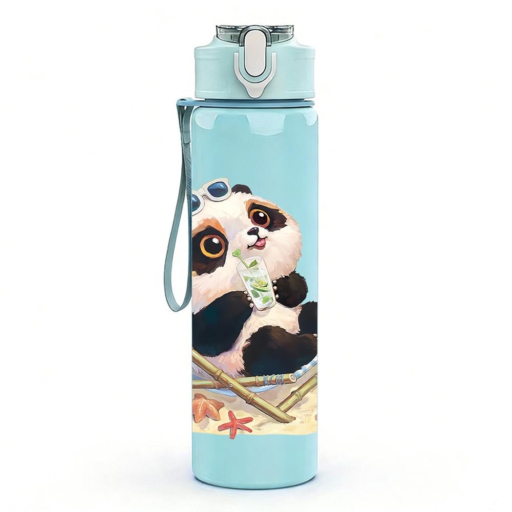 1PC Lying Relaxed Panda Pattern 750ml Color Plastic Sports Water Bottle Leakproof Flip Straw Lid Suitable for Sports Office Home Use