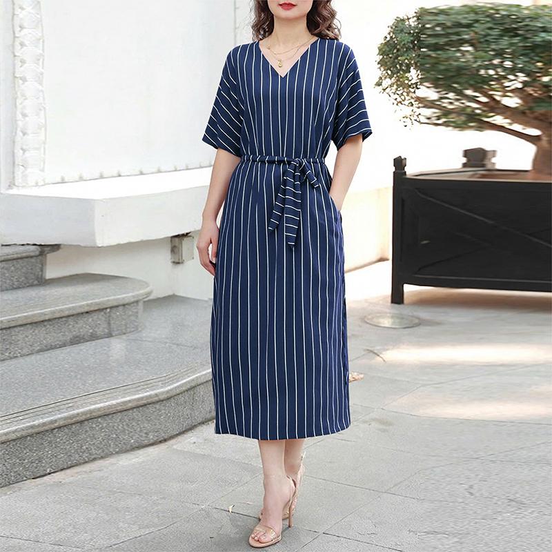 

ZANZEA Женское повседневное летнее платье в полоску с V-образным вырезом и рукавом 3/4 XL темно-синий