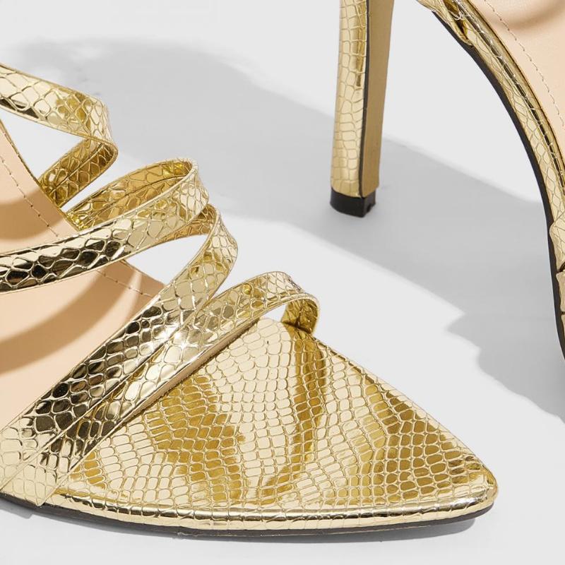 Gold Narrow Band Design Thin Heeled Sandals Women Sexy Pointed Toe Naked Strap Slingback Elegant Banquet Brida Pumps for Ladies