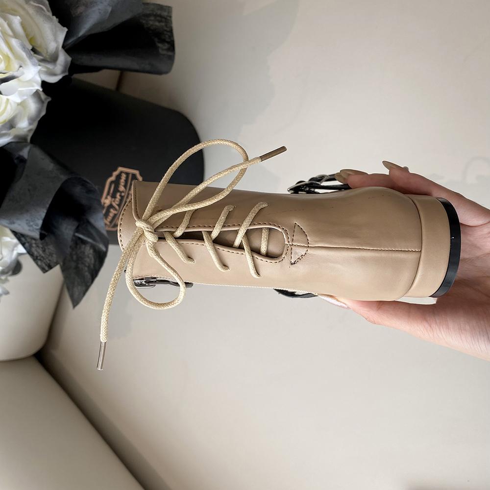 fashion Square Toe Women Ankle Boots Hollow Sexy Flat Heeled Back Strap Bow Design Belt Buckle Black Khaki White Mixed Color Dress Shoes