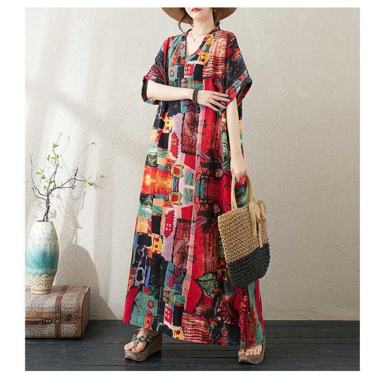 Summer Cotton and Linen Printed Loose and Simple Long Skirt for Women