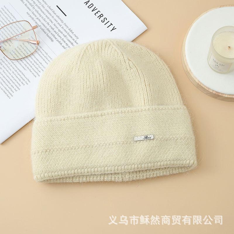 New blended knitted pullover hat children's autumn and winter warm iron standard headgear metal letter label wool hat