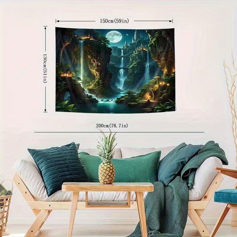 2D Fantasy Moon Waterfall Wall Tapestry Fairy Tale Castle Background Cloth for Home