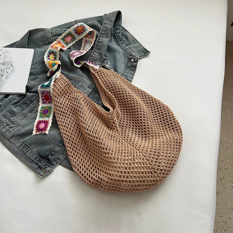 Einfarbige Häkeltasche mit großer Kapazität, leichte, durchbrochen gewebte Tasche, bestickter Träger, Damen-Handtasche, Strandtasche, Neu 2026