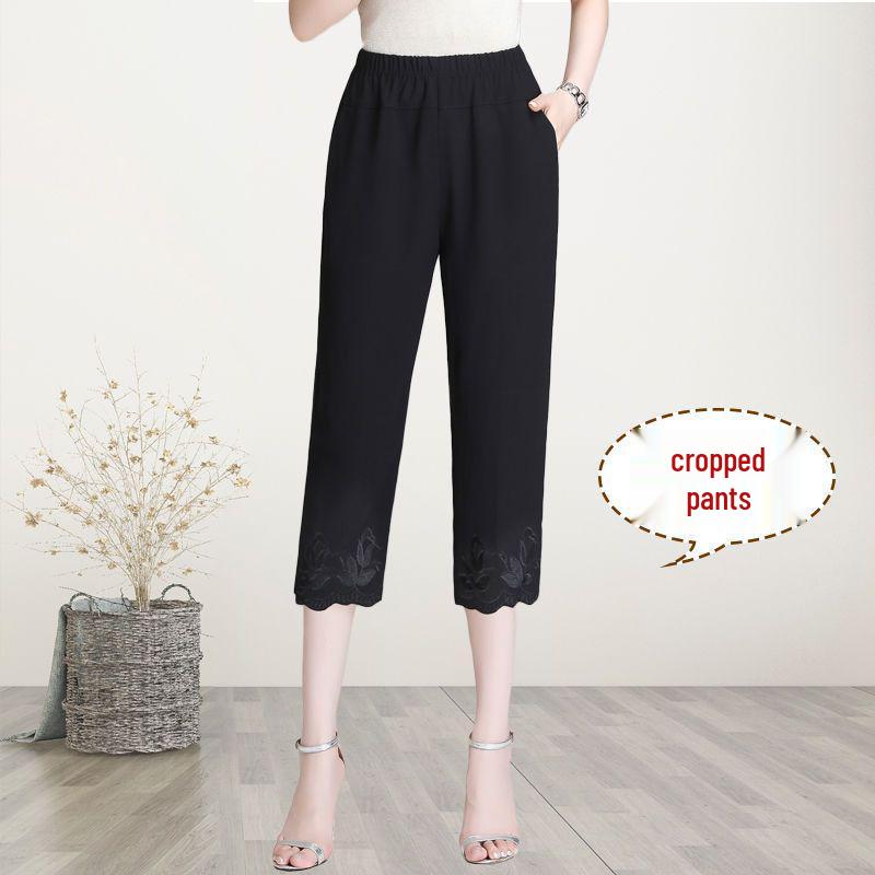 Mom's Chiffon High-Waisted Embroidered Loose-Fit Capri & Ankle Pants for Middle-Aged Women