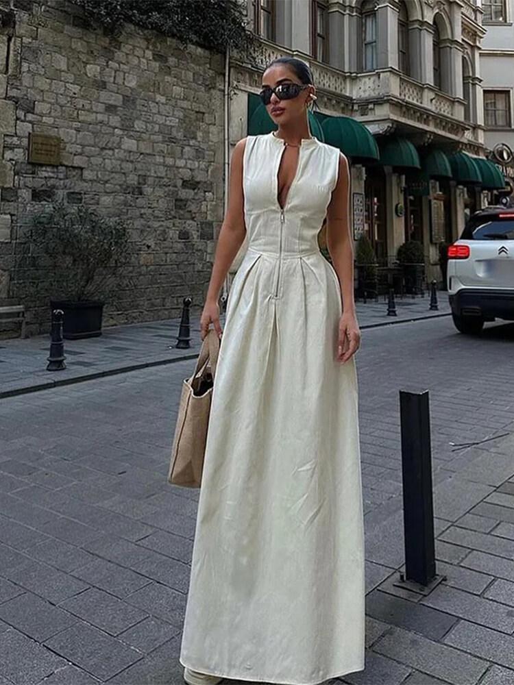 2025 Spring Women's Sleeveless Solid Color Dress with Zipper Waist and Pockets