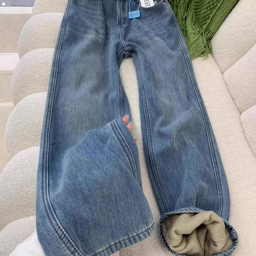 Women's High Waist Straight Leg Jeans Loose Wide Leg Fleece Lined Vintage Washed Denim Pants Winter Casual Trousers