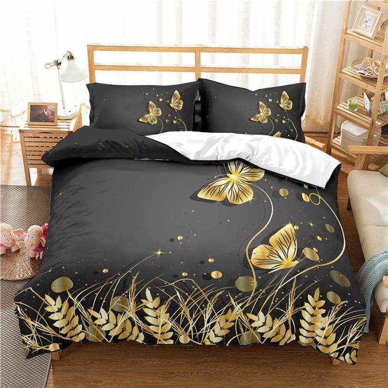 Butterfly King/Queen Size Bedding Sets for Women Golden Butterfly Black Duvet Cover Flower Butterflies Polyester Quilt Cover