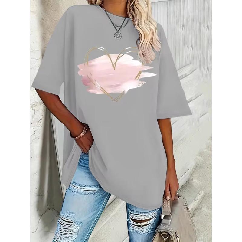 Camiseta Elegante Nueva para Mujer Talla Grande Rosa con Forma de Corazón Impresión 3D Primavera y Verano Ocio Cuello Redondo Manga Corta