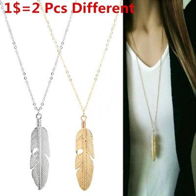 2 Pcs Different Fashion Silver Gold Necklace Women Jewelry Feather Pendant Chain Necklace Long Sweat