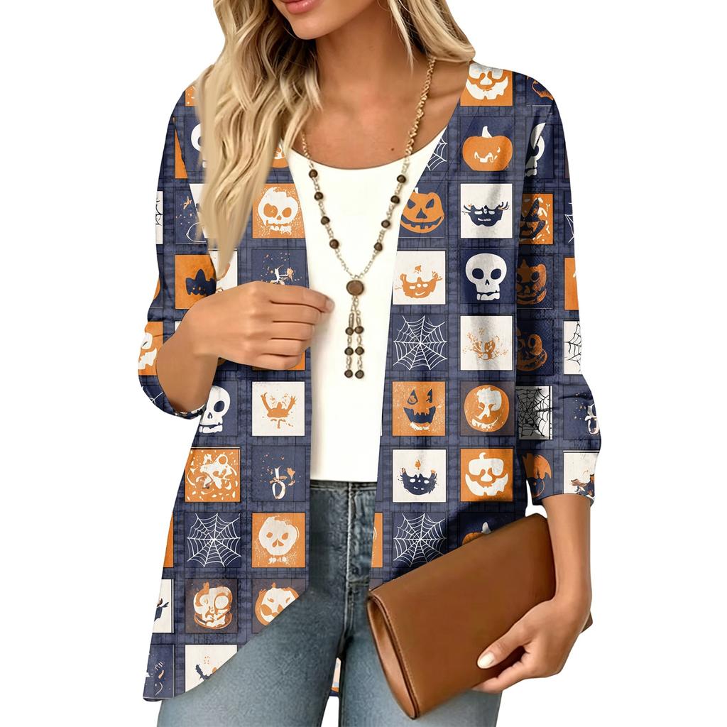 Cardigan décontracté léger ample à manches 3/4 imprimé pour femme pour Halloween
