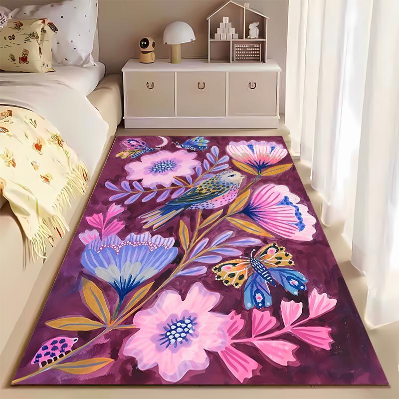 Abstract Floral Bird and Butterfly Pattern Area Rug - Pink Purple Suitable for use as an anti-slip for living room bedroom sofas