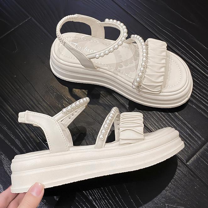 Taoffen Casual Sandals For Women Breathable Exposed Toes Pearl Sandals Lightweight Soft Elastic Band Thick Sole Height Increasing Shoes