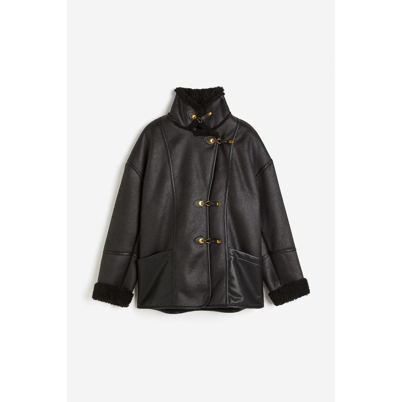 

HM Women s Clothing Outwear Autumn Stand Collar Loose Metal Ring Front Coat Jacket Outwear 1214555 Black 165/96A(M)