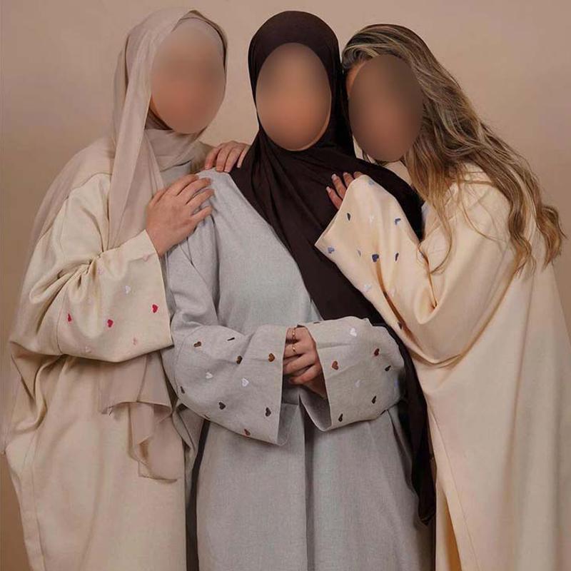 

Рамадан Молитва Дубай льняное кимоно с рукавами-сердечками Абая кимоно Кебая Турция мусульманское скромное платье женские кафтаны халат Femme Musulmane