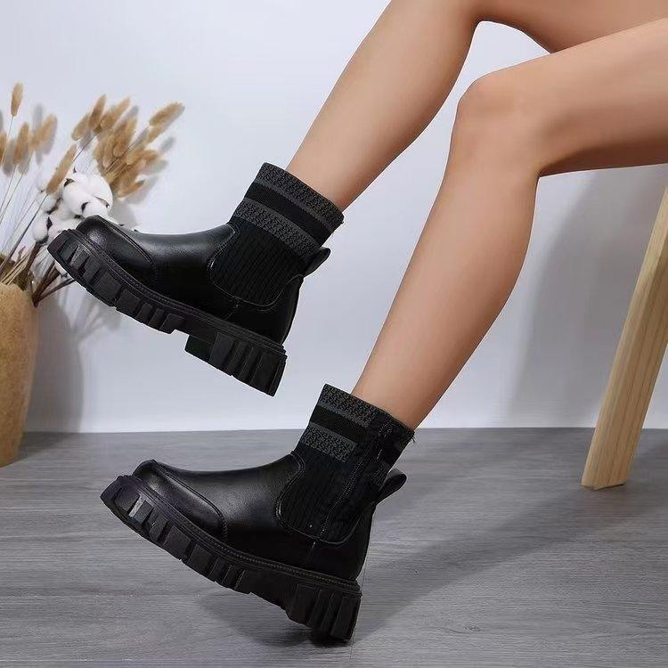 New in stock thick soled round toe elastic knitted spliced  boots for women European and American plus size warm socks boots