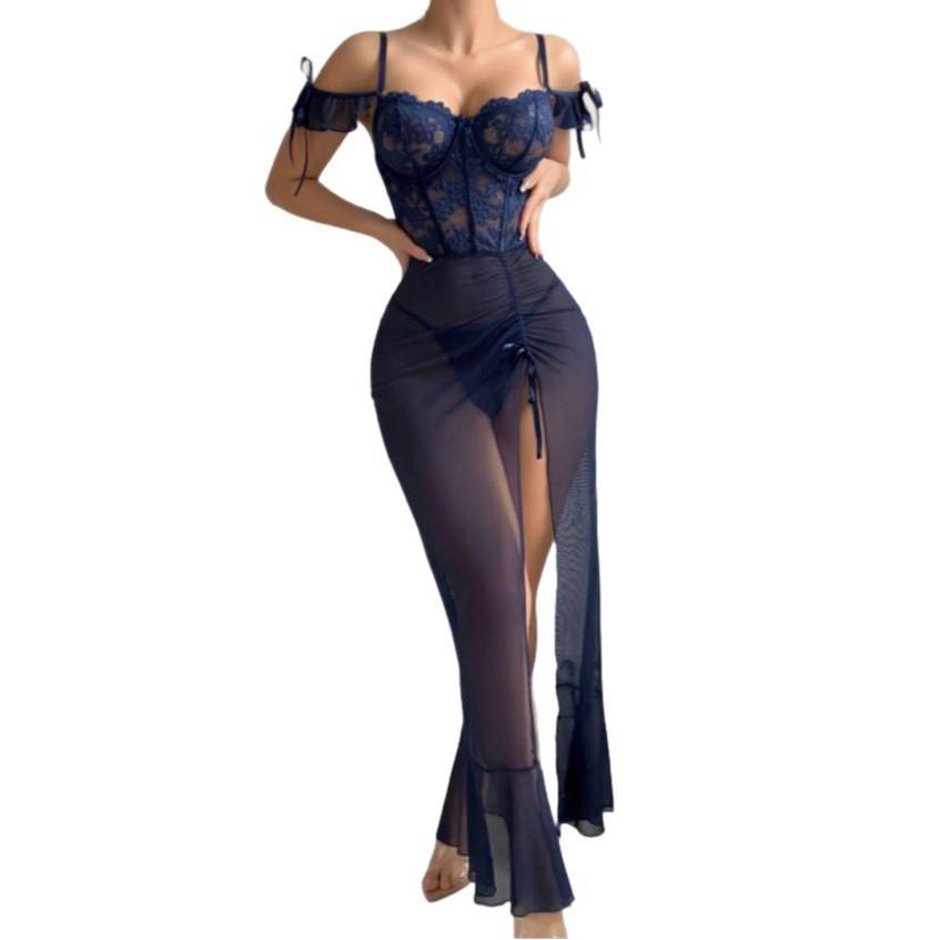 Sexy lace lingerie mesh perspective split suspender dress women