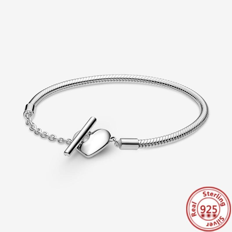 Authentic 925 Sterling Silver Flower Heart T-Bar Basic Snake Chain Bracelets Fit Original Brand Charms Beads DIY Jewelry Women