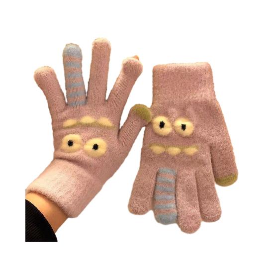 1 Pair Knitted Gloves Flexible Five-finger Thickened Winter Gloves Touch Screen Cute Big Mouth Warm Gloves Student Gloves for Cold Weather