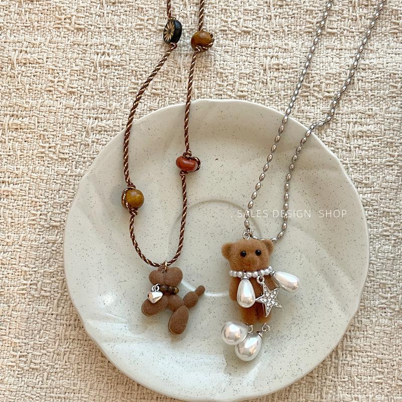 Vintage Flocked Teddy Bear Puppy Pendant Necklace - Elegant Sweater Chain for Women