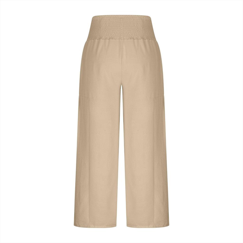 Linen Casual Wide Leg Pants For Women Elastic Waist Versatile Business Casual Work Palazzo Trousers With Pockets