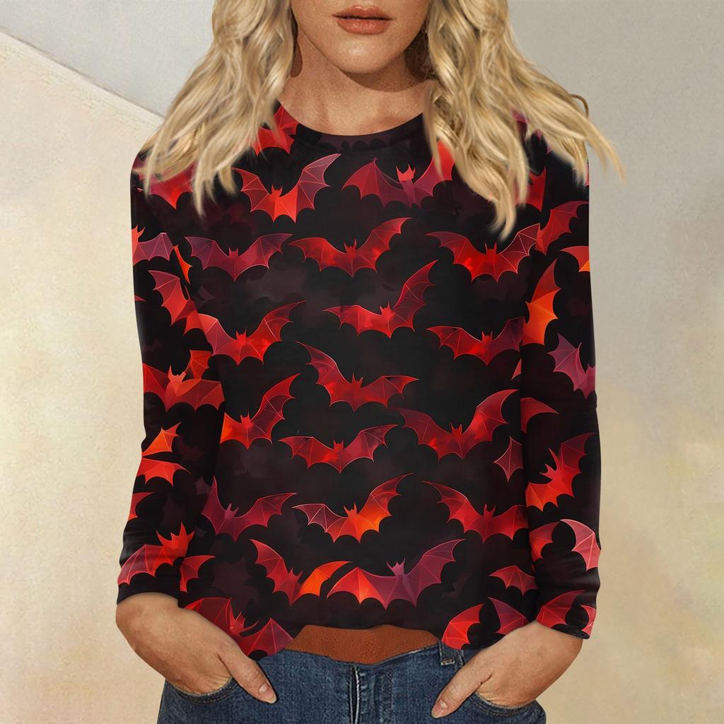 Dámská módní ležérní halenka s potiskem Halloweenu, s kulatým výstřihem a dlouhým rukávem