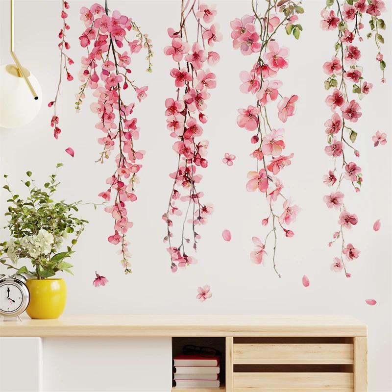 Beautiful Vine Pink Flower Wall Stickers for Living Room Bedroom Wall Decor Girl Room Decoration Children's Wall Decal Wallpaper