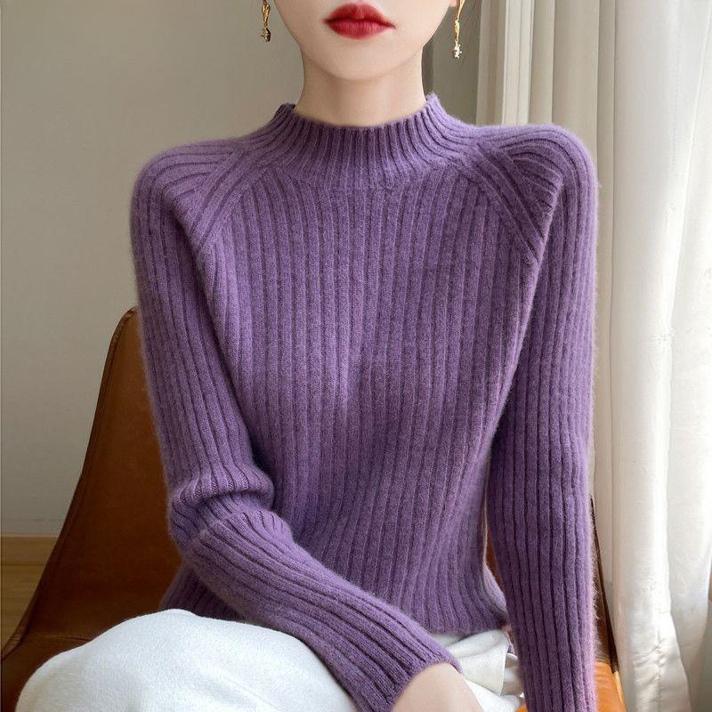 Autumn Winter Women Knitwear Slim Fit Semi High Neck Pure Color Loose Short Knitted Sweater Base Layer