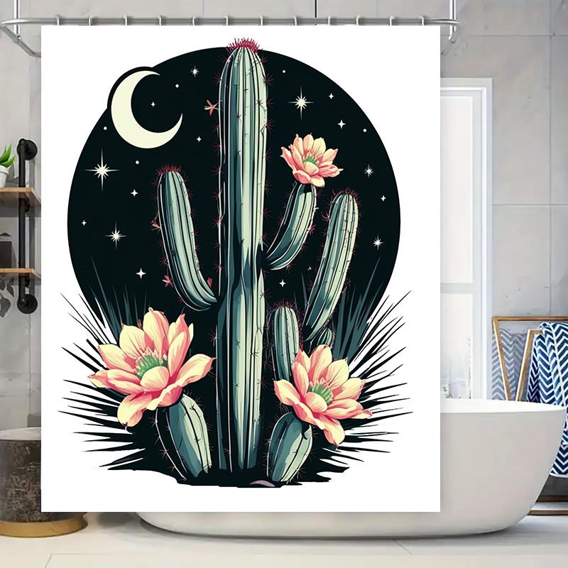 Retro Cactus Shower Curtain Bathroom Decor Night Sky Moon Flowers Print Waterproof Washable Home Decoration Pink Red Yellow 170x