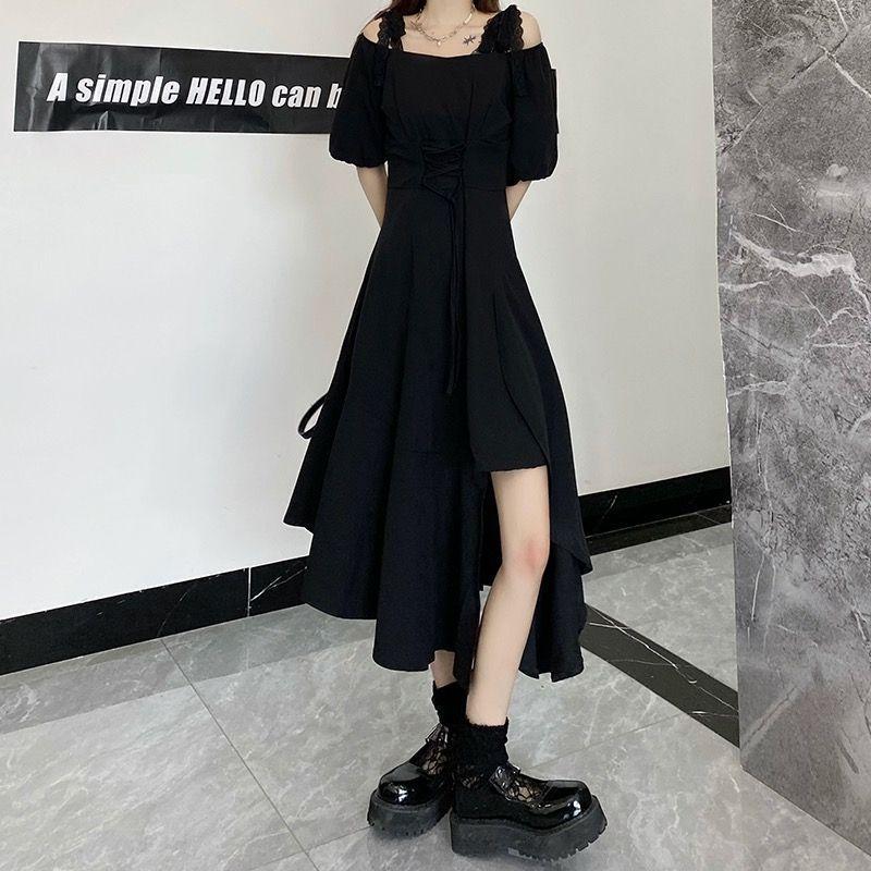 Black long dress women's summer new belly covering irregular knee thin suspender dress