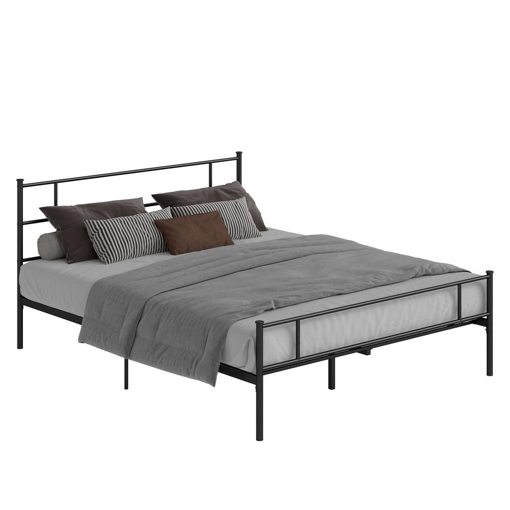 Double Bed Frame in Steel 160x200cm with Slats, Headboard and Footboard - Black