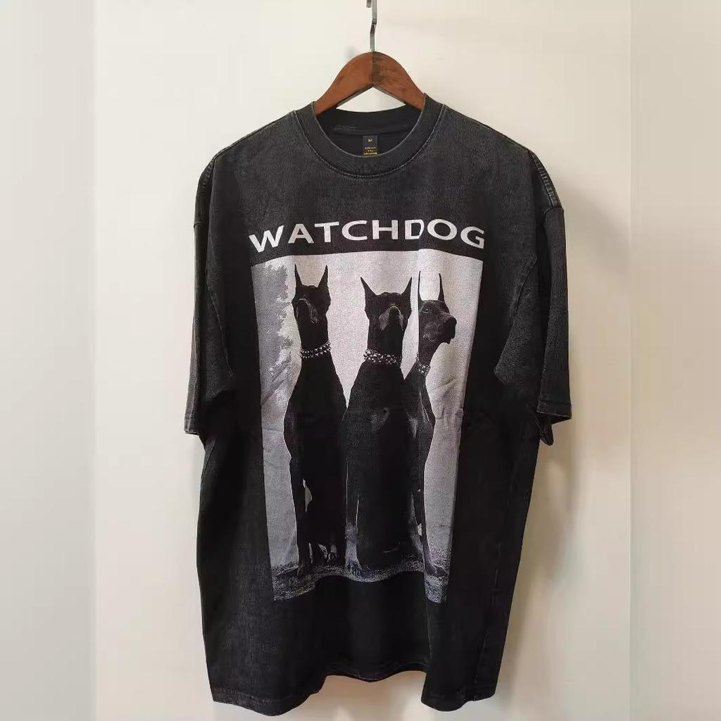 American High Street Doberman Printed Washed Old Short Sleeve T-Shirt Men'S And Women'S Oversize Vintage Half Sleeve Tee