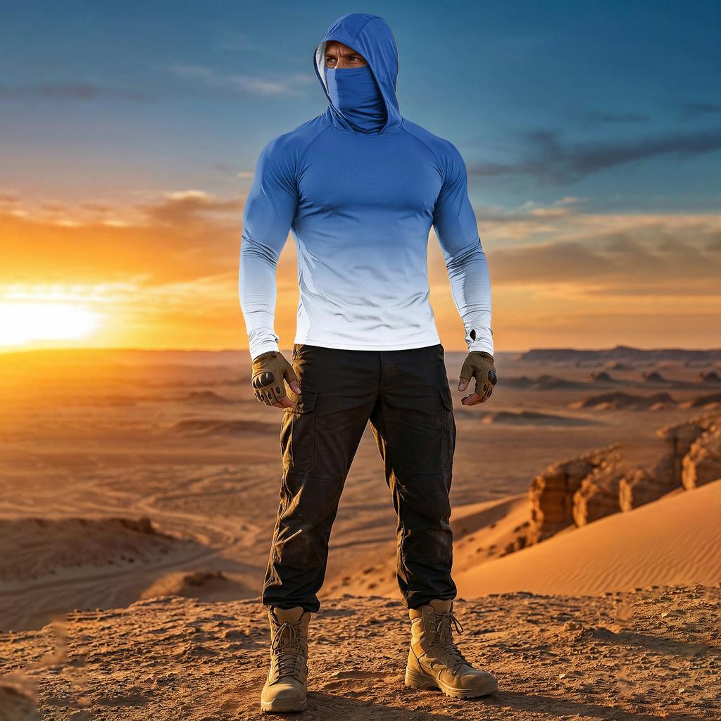 Men Raglan Sleeve Gradient Hooded Long Sleeve Sun Shirt Lightweight Pullover with Thumb Holes for Outdoor Activities