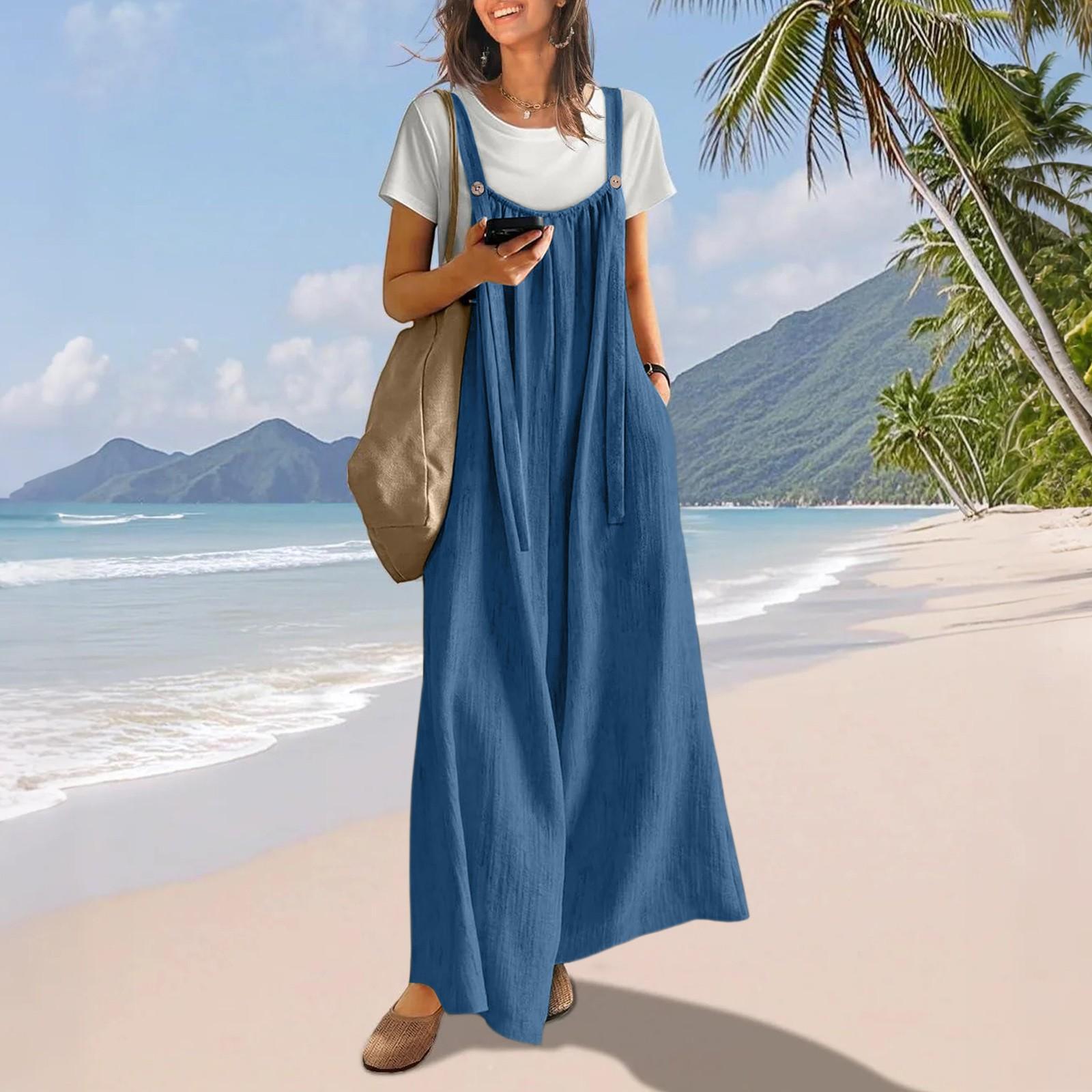 

Повседневные комбинезоны с широкими штанинами для женщин, однотонные комбинезоны, летние наряды с карманами XXL синий