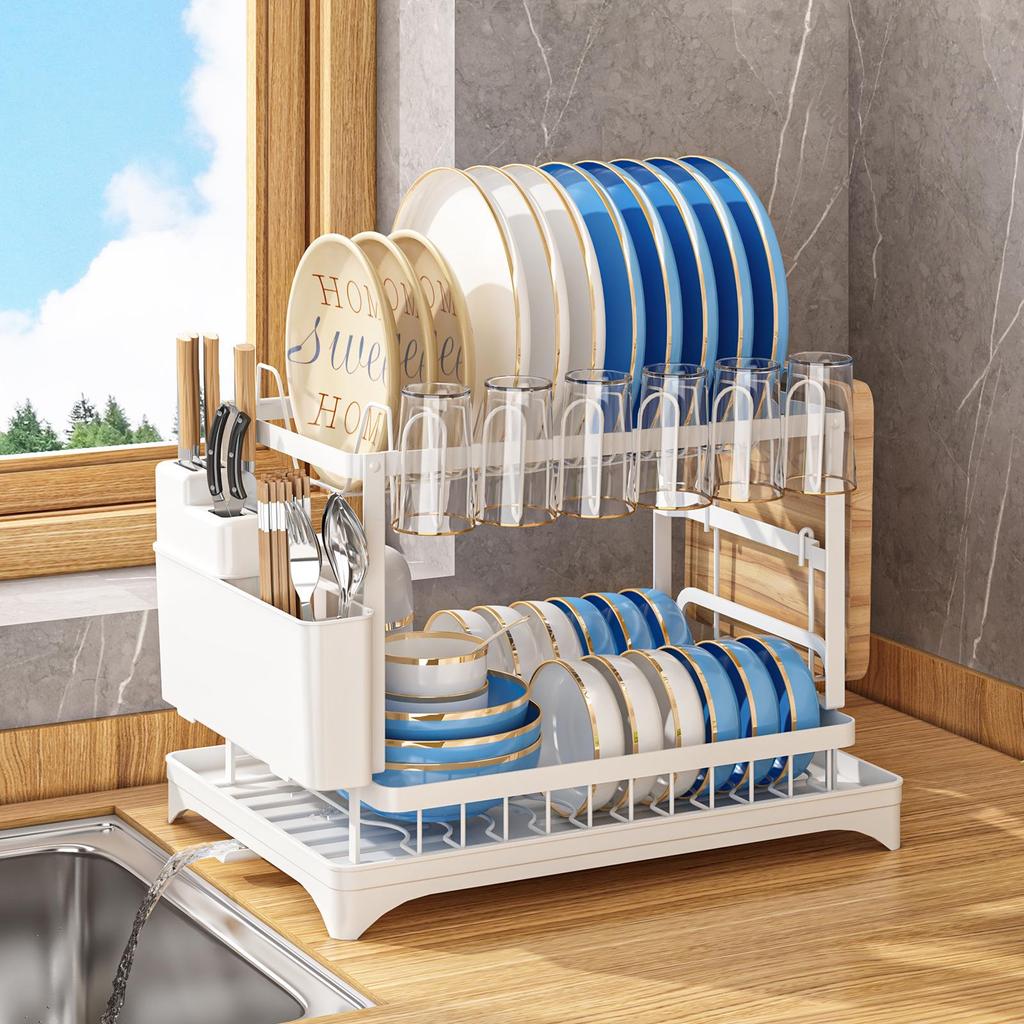 Multifunctional Kitchen Dish and Bowl Organizer Rack with Draining and Chopstick Storage